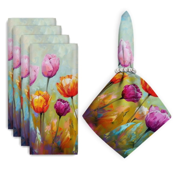 Bahomeck Napkins Set Of 4 Reusable Washable Square Fabric Dining Table Napkins Weddings Party Dinner Decor,18*18 Inch,Colorful Tulips In The Meadow With Oil Painting