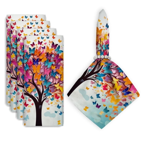 Bahomeck Napkins Set Of 4 Reusable Washable Square Fabric Dining Table Napkins Weddings Party Dinner Decor,18*18 Inch,Colorful Vector Illustration Of Tree With Butterflies Flying Around