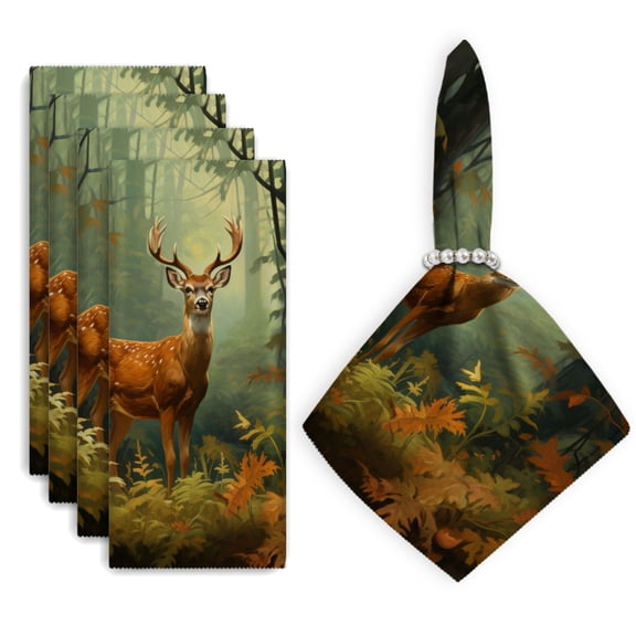 Bahomeck Napkins Set Of 4 Reusable Washable Square Fabric Dining Table Napkins Weddings Party Dinner Decor,18*18 Inch,Deer Standing In The Forest Surrounded By Lush Greenery