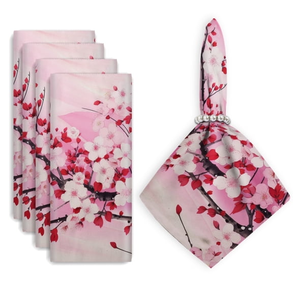 Bahomeck Napkins Set Of 4 Reusable Washable Square Fabric Dining Table Napkins Weddings Party Dinner Decor,18*18 Inch,Painting Of Pink Cherry Blossoms On White Background