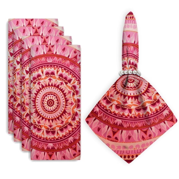 Bahomeck Napkins Set Of 4 Reusable Washable Square Fabric Dining Table Napkins Weddings Party Dinner Decor,18*18 Inch,Pink And Red Circular Patterned Indian With Mandala