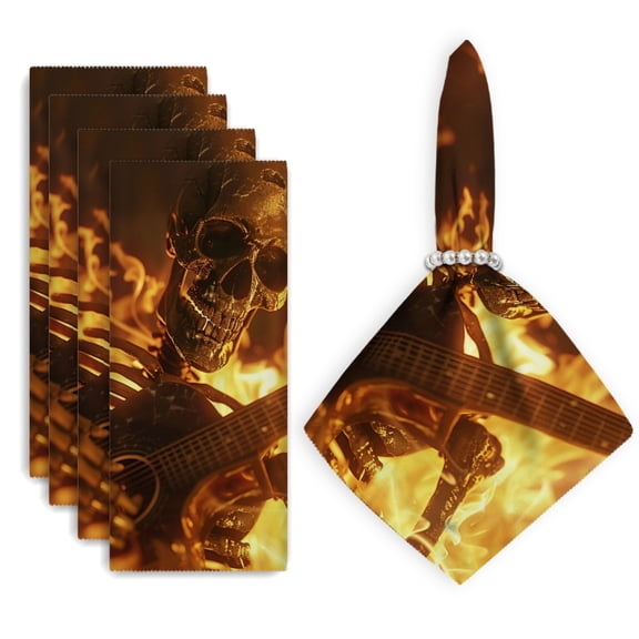 Bahomeck Napkins Set Of 4 Reusable Washable Square Fabric Dining Table Napkins Weddings Party Dinner Decor,18*18 Inch,Skeletal Figure Playing Electric Guitar Engulfed In Flames