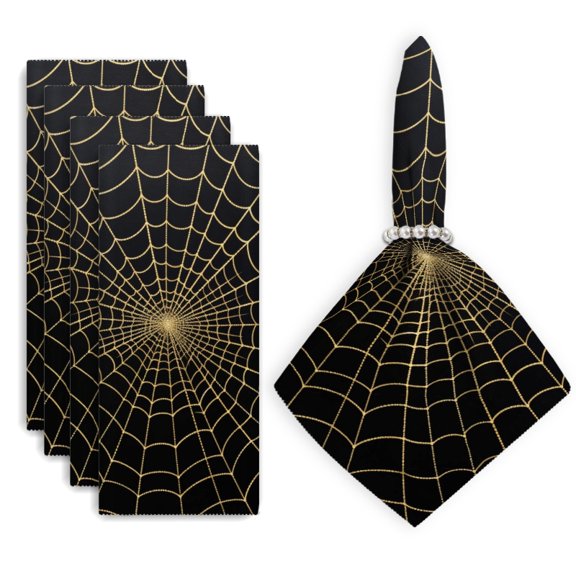 Bahomeck Napkins Set Of 4 Reusable Washable Square Fabric Dining Table Napkins Weddings Party Dinner Decor,18*18 Inch,Spider Web Made Of Golden Thread On Black Background