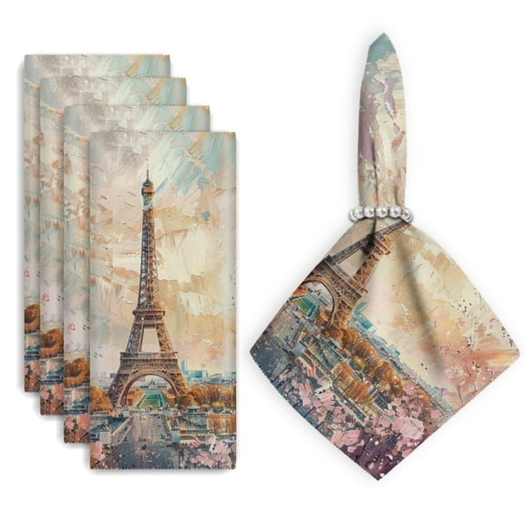 Bahomeck Napkins Set Of 4 Reusable Washable Square Fabric Dining Table Napkins Weddings Party Dinner Decor,18*18 Inch,The Eiffel Tower In Paris And Surrounded By Blooming Cherry Blossoms
