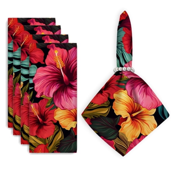 Bahomeck Napkins Set Of 4 Reusable Washable Square Fabric Dining Table Napkins Weddings Party Dinner Decor,18*18 Inch,Vibrant Pattern Of Hibiscus Flowers In Various Colors
