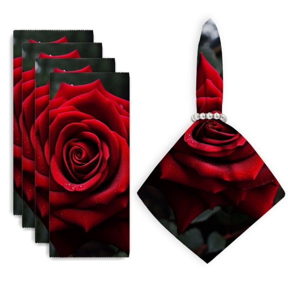 Bahomeck Napkins Set Of 4 Reusable Washable Square Fabric Dining Table Napkins Weddings Party Dinner Decor,18*18 Inch,Vibrant Red Rose With Dew Drops Symbolizing Love And Passion