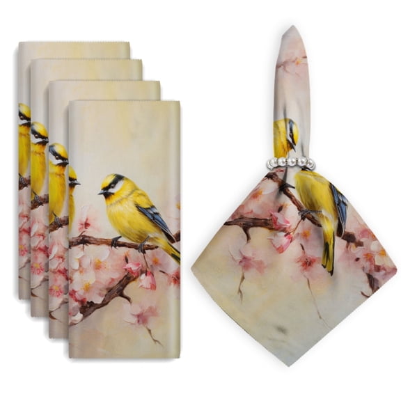 Bahomeck Napkins Set Of 4 Reusable Washable Square Fabric Dining Table Napkins Weddings Party Dinner Decor,18*18 Inch,Yellow Birds Perched On Cherry Blossoms