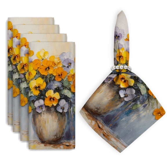 Bahomeck Napkins Set Of 4 Reusable Washable Square Fabric Dining Table Napkins Weddings Party Dinner Decor,18*18 Inch,Yellow And Violet Pansies In Pot On Light Background