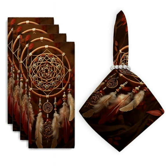 Bahomeck Napkins Set Of 4 Reusable Washable Square Fabric Dining Table Napkins Weddings Party Dinner Decor,18*18 Inch,Dreamcatcher With Feathers And Beads On Brown Background