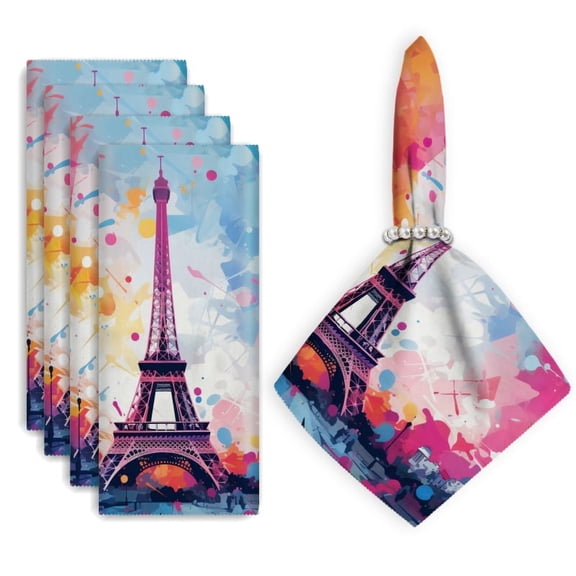 Bahomeck Napkins Set Of 4 Reusable Washable Square Fabric Dining Table Napkins Weddings Party Dinner Decor,18*18 Inch,Eiffel Tower With Colorful Splashes Of Color And Vector Illustration