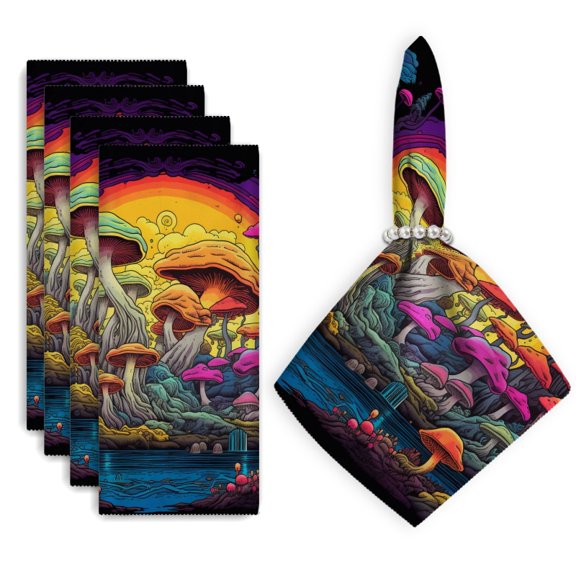 Bahomeck Napkins Set Of 4 Reusable Washable Square Fabric Dining Table Napkins Weddings Party Dinner Decor,18*18 Inch,Mushroom Forest With Lake In Vibrant Colors