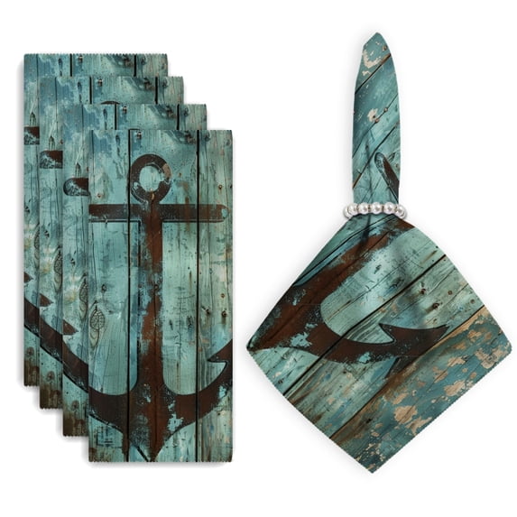 Bahomeck Napkins Set Of 4 Reusable Washable Square Fabric Dining Table Napkins Weddings Party Dinner Decor,18*18 Inch,Rustic Anchor With Teal And Brown Textures