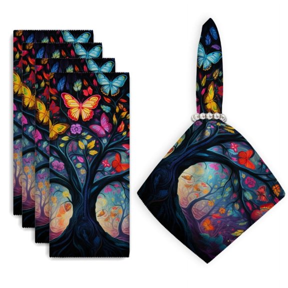 Bahomeck Napkins Set Of 4 Reusable Washable Square Fabric Dining Table Napkins Weddings Party Dinner Decor,18*18 Inch,Tree Of Life With Colorful Butterflies