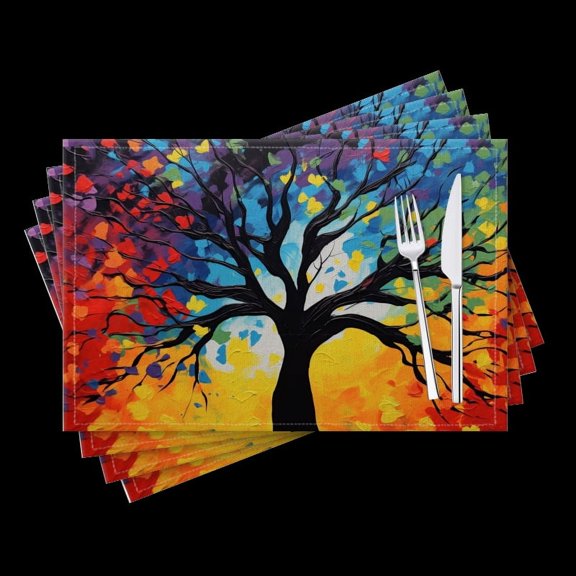 Bahomeck Placemats Set Of 4 Rectangle Linen Cotton Placemats For Dining Table Fade Resistance Washable Heat Resistant，18*12Inch,Abstract Tree Of Life With Colorful Leaves