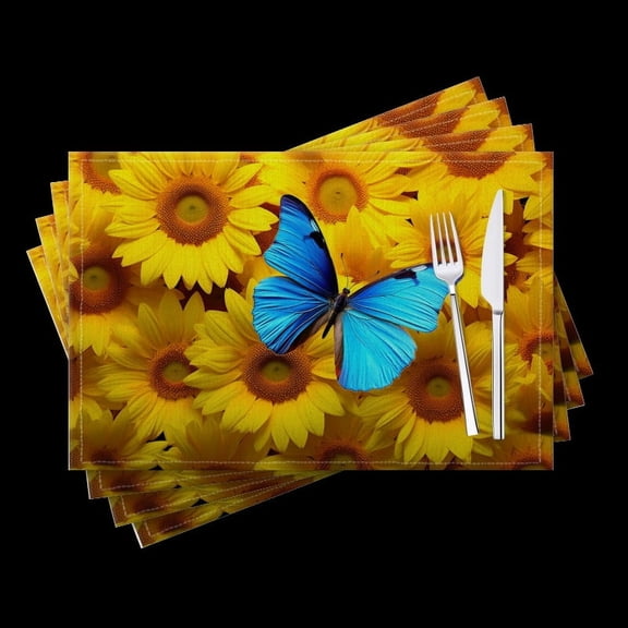Bahomeck Placemats Set Of 4 Rectangle Linen Cotton Placemats For Dining Table Fade Resistance Washable Heat Resistant，18*12Inch,Bright Blue Morpho Butterfly On Sunflower