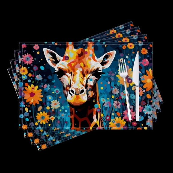 Bahomeck Placemats Set Of 4 Rectangle Linen Cotton Placemats For Dining Table Fade Resistance Washable Heat Resistant,18*12Inch,Cute Giraffe Surrounded By Colorful Flowers