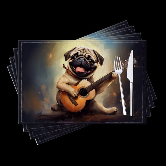 Bahomeck Placemats Set Of 4 Rectangle Linen Cotton Placemats For Dining Table Fade Resistance Washable Heat Resistant18*12Inch,Cute Happy Pug Dog Playing Guitar With Full-Body Portrait