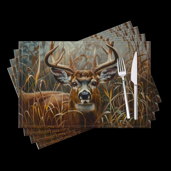 Bahomeck Placemats Set Of 4 Rectangle Linen Cotton Placemats For Dining Table Fade Resistance Washable Heat Resistant,18*12Inch,Deer In Tall Grass With Detailed Fur And Horns