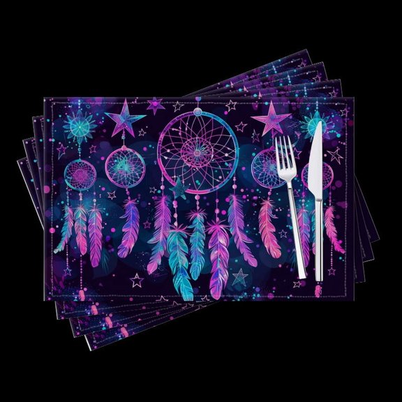 Bahomeck Placemats Set Of 4 Rectangle Linen Cotton Placemats For Dining Table Fade Resistance Washable Heat Resistant，18*12Inch,Dreamcatchers And Feathers With Stars