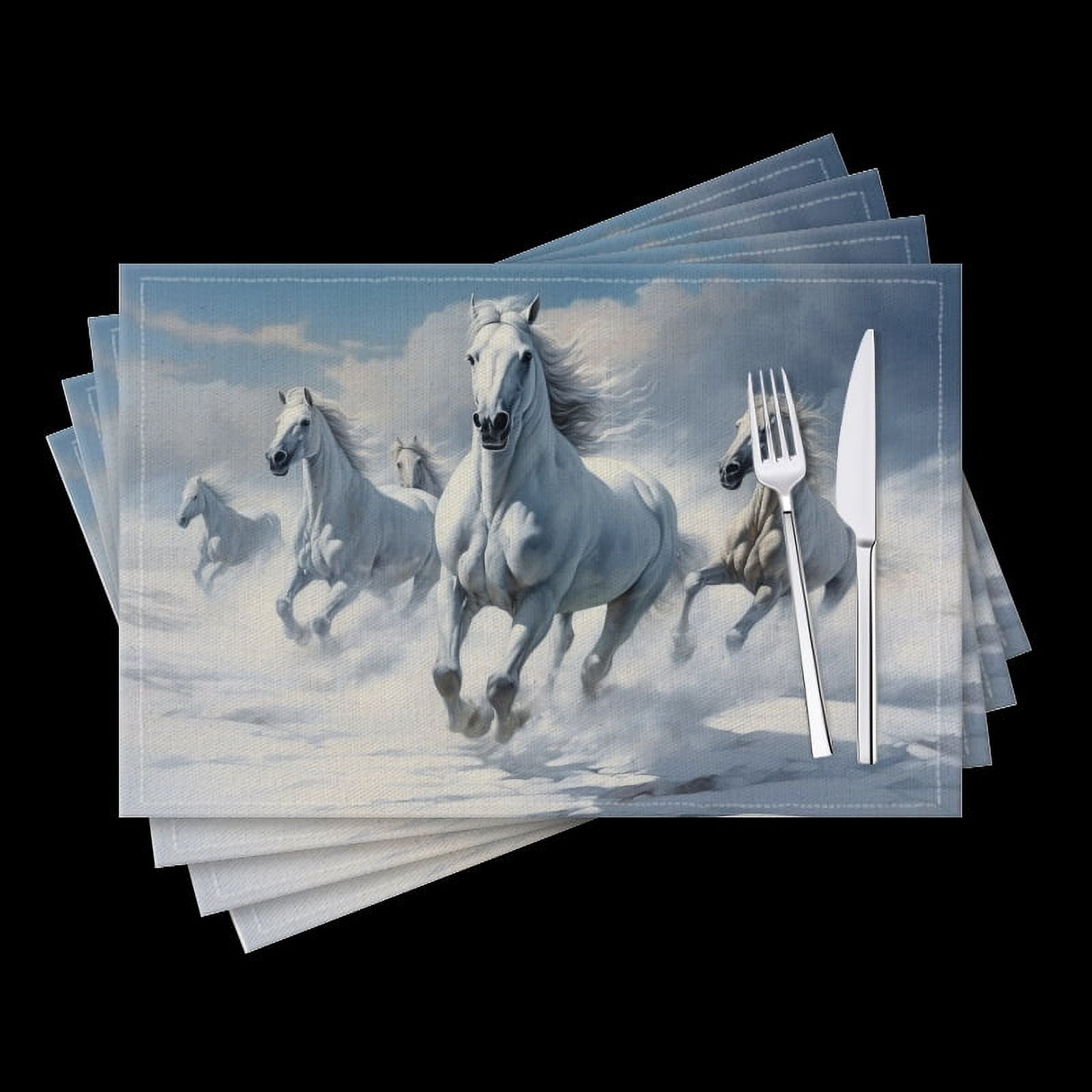 Bahomeck Placemats Set Of 4 Rectangle Linen Cotton Placemats For Dining Table Fade Resistance Washable Heat Resistant，18*12Inch,Group Of White Horses Galloping In The Snow