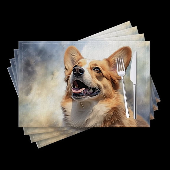 Bahomeck Placemats Set Of 4 Rectangle Linen Cotton Placemats For Dining Table Fade Resistance Washable Heat Resistant，18*12Inch,Happy Corgi Dog Barking In The Sky
