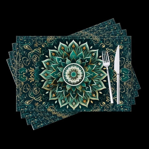 Bahomeck Placemats Set Of 4 Rectangle Linen Cotton Placemats For Dining Table Fade Resistance Washable Heat Resistant，18*12Inch,Mandala Pattern With Teal And Gold Colors