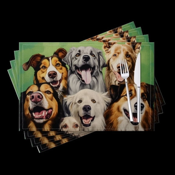 Bahomeck Placemats Set Of 4 Rectangle Linen Cotton Placemats For Dining Table Fade Resistance Washable Heat Resistant，18*12Inch,Oil Painting Of Various Dogs And All Smiling