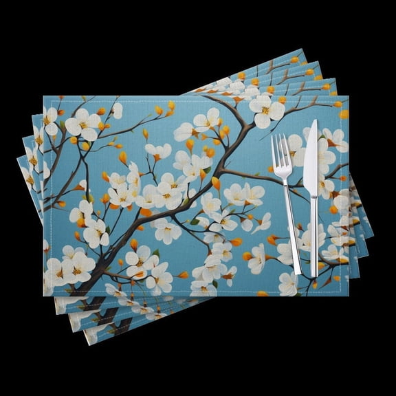 Bahomeck Placemats Set Of 4 Rectangle Linen Cotton Placemats For Dining Table Fade Resistance Washable Heat Resistant，18*12Inch,Painting Of White Flowers On Tree Branches