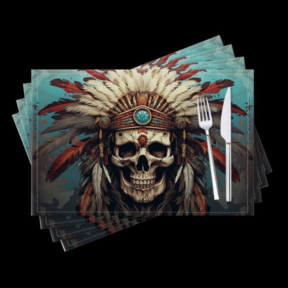 Bahomeck Placemats Set Of 4 Rectangle Linen Cotton Placemats For Dining Table Fade Resistance Washable Heat Resistant18*12Inch,Skull Wearing Indian Headdress In The Style Of Comic Book Art