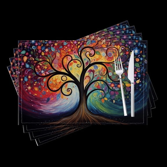 Bahomeck Placemats Set Of 4 Rectangle Linen Cotton Placemats For Dining Table Fade Resistance Washable Heat Resistant，18*12Inch,Whimsical Tree Of Life With Swirling Branches And Vibrant Leaves
