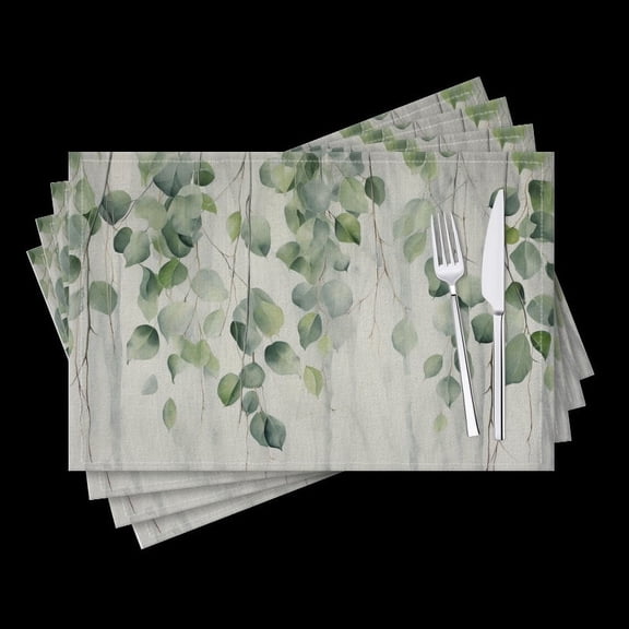 Bahomeck Placemats Set Of 4 Rectangle Linen Cotton Placemats For Dining Table Fade Resistance Washable Heat Resistant,18*12Inch,White Background With Eucalyptus Leaves Hanging Down In The Foreground