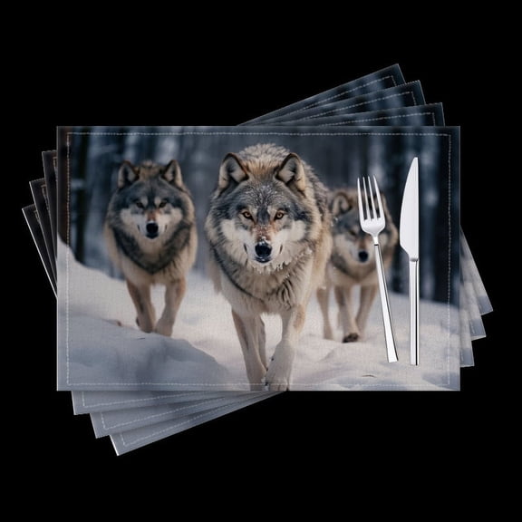 Bahomeck Placemats Set Of 4 Rectangle Linen Cotton Placemats For Dining Table Fade Resistance Washable Heat Resistant，18*12Inch,Wolves Walking In The Snow With Gray And White Fur