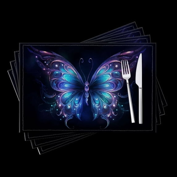 BaHomeck placemats Set of 4 Beautiful Glowing Blue And Purple Butterfly With Ornate Wings Cotton Linen rectangle Placemats for Kitchen Dining Table Indoor,Outdoor,18*12inch