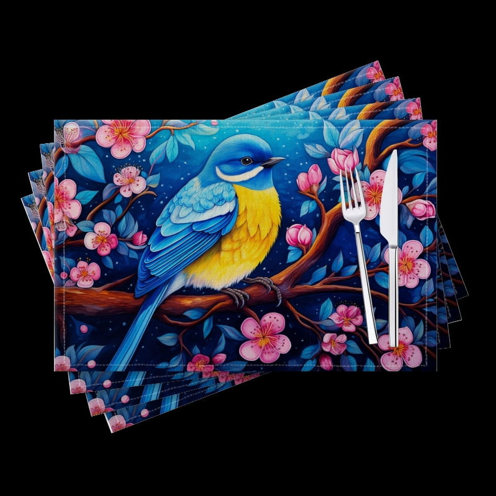 BaHomeck placemats Set of 4 Blue And Yellow Bird Sitting On Cherry ...