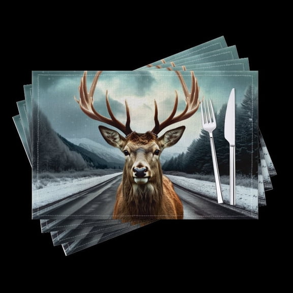 Bahomeck Placemats Set Of 4 Rectangle Linen Cotton Placemats For Dining Table Fade Resistance Washable Heat Resistant18*12Inch,Deer Standing On The Side Of Road