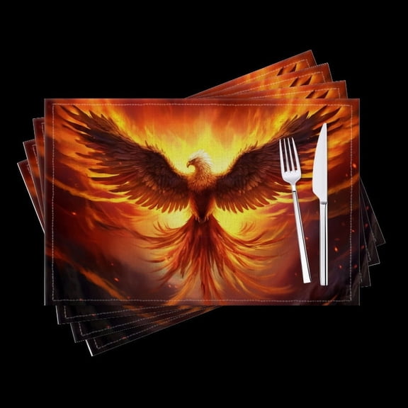 Bahomeck Placemats Set Of 4 Rectangle Linen Cotton Placemats For Dining Table Fade Resistance Washable Heat Resistant18*12Inch,Phoenix Rising From The Ashes With Glowing Fire