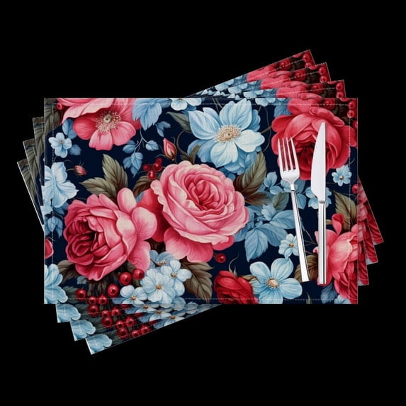 BaHomeck placemats Set of 4 Roses And Blue Flowers On A Dark Background Cotton Linen rectangle Placemats for Kitchen Dining Table Indoor,Outdoor,18*12inch