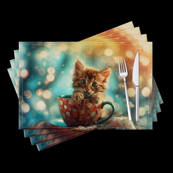 BaHomeck placemats Set of 4 Tiny Kitten Sits In Ornate Polka-Dotted Coffee Cup Cotton Linen rectangle Placemats for Kitchen Dining Table Indoor,Outdoor,18*12inch