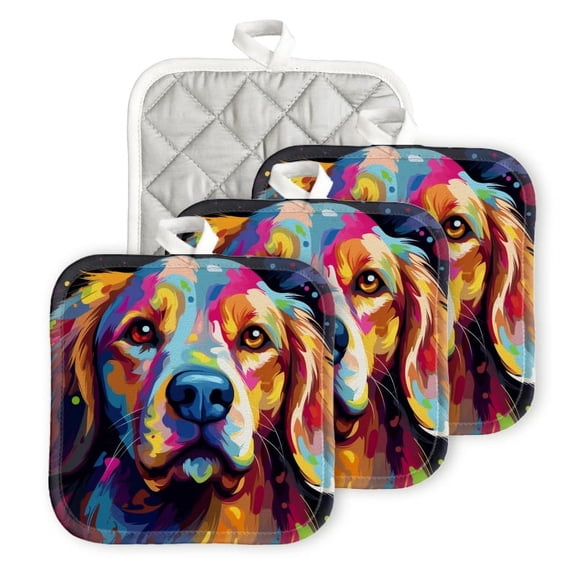 Bahomeck Pot Holder 4Pcs,Abstract Colorful Vector Art Of Golden Retriever Dog Portrait Square Heat Resistant Hot Pads For Kitchen Cooking Oven With Hanging Loop Potholder Easy To Store