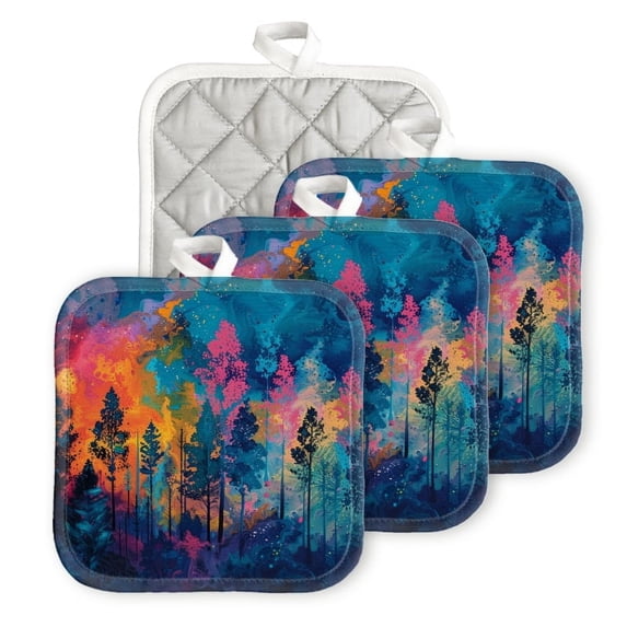 BaHomeck Pot Holders 4pcs dacron Made Square heat-resisting mat Machine Washable for Kitchen Oven Hot Pads 6.7inch*6.7inch,Abstract Forest Landscape With Trees And Vibrant Colors