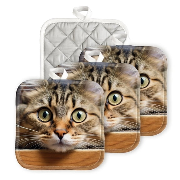 Bahomeck Pot Holder 4Pcs,Adorable Cat'S Face Peering Over The Edge Of Wooden Table Square Heat Resistant Hot Pads For Kitchen Cooking Oven With Hanging Loop Potholder Easy To Store