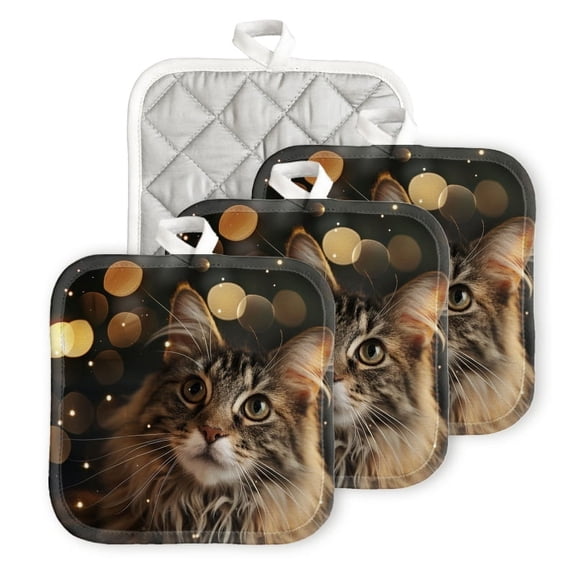 Bahomeck Pot Holder 4Pcs,Adorable Cat With Soft Fur And Big Eyes Square Heat Resistant Hot Pads For Kitchen Cooking Oven With Hanging Loop Potholder Easy To Store