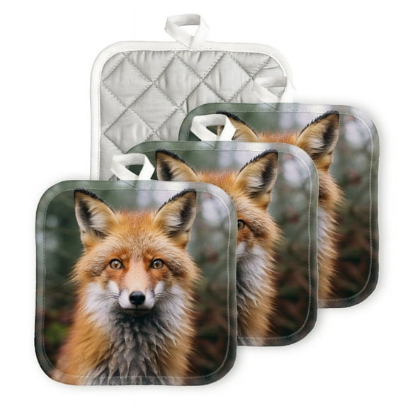 BaHomeck Pot Holders 4pcs dacron Made Square heat-resisting mat Machine Washable for Kitchen Oven Hot Pads 6.7inch*6.7inch,Adorable Fox Captured In The Forest With Soft Natural Lighting