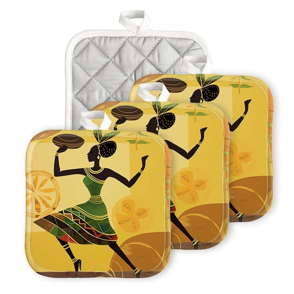 Bahomeck Pot Holder 4Pcs,African Woman Dancing And Holding Food Bowl In Hand Square Heat Resistant Hot Pads For Kitchen Cooking Oven With Hanging Loop Potholder Easy To Store