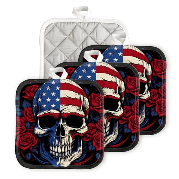 Bahomeck Pot Holder 4Pcs,American Flag With Skull And Red Flowers Square Heat Resistant Hot Pads For Kitchen Cooking Oven With Hanging Loop Potholder Easy To Store