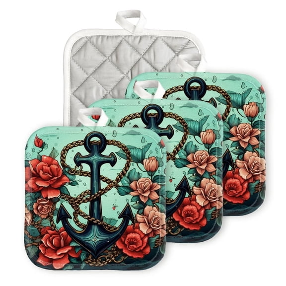 Bahomeck Pot Holder 4Pcs,Anchor Surrounded By Roses And Braided Rope Square Heat Resistant Hot Pads For Kitchen Cooking Oven With Hanging Loop Potholder Easy To Store