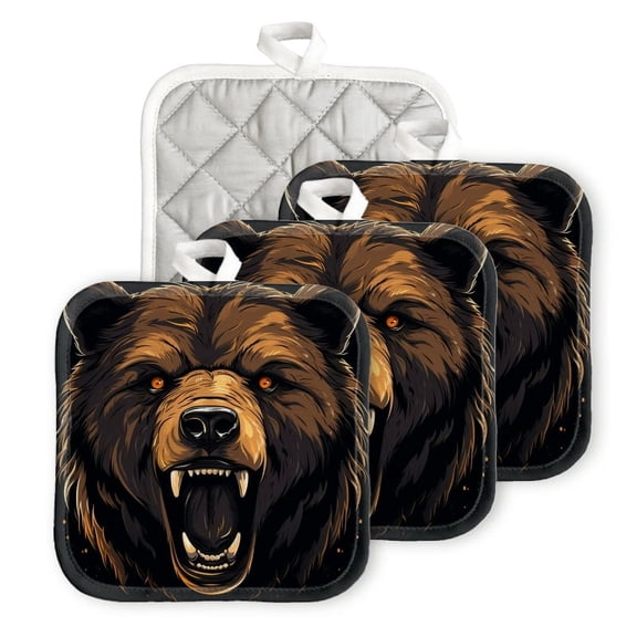 Bahomeck Pot Holder 4Pcs,Angry Bear Head With Open Mouth And Sharp Teeth Square Heat Resistant Hot Pads For Kitchen Cooking Oven With Hanging Loop Potholder Easy To Store