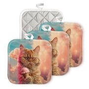 BaHomeck Pot Holders 4pcs dacron Made Square heat-resisting mat Machine Washable for Kitchen Oven Hot Pads 6.7inch*6.7inch,Angrycat Holding Ice Cream Cone In The Sky