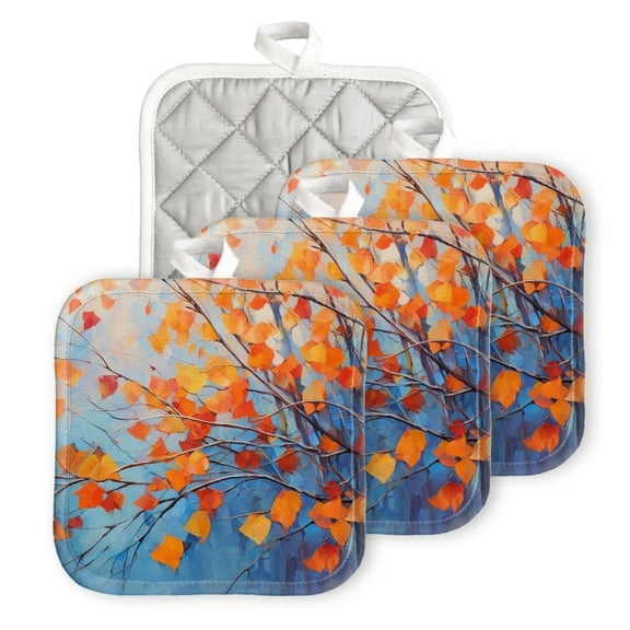 Bahomeck Pot Holder 4Pcs,Autumn Leaves On Tree Branches With Orange And Blue Color Square Heat Resistant Hot Pads For Kitchen Cooking Oven With Hanging Loop Potholder Easy To Store