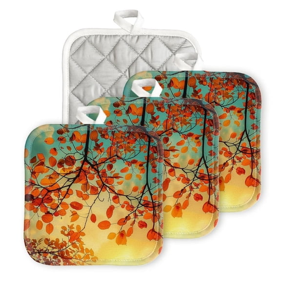 Bahomeck Pot Holder 4Pcs,Autumn Leaves On Tree Branches Against The Sky At Sunset Square Heat Resistant Hot Pads For Kitchen Cooking Oven With Hanging Loop Potholder Easy To Store